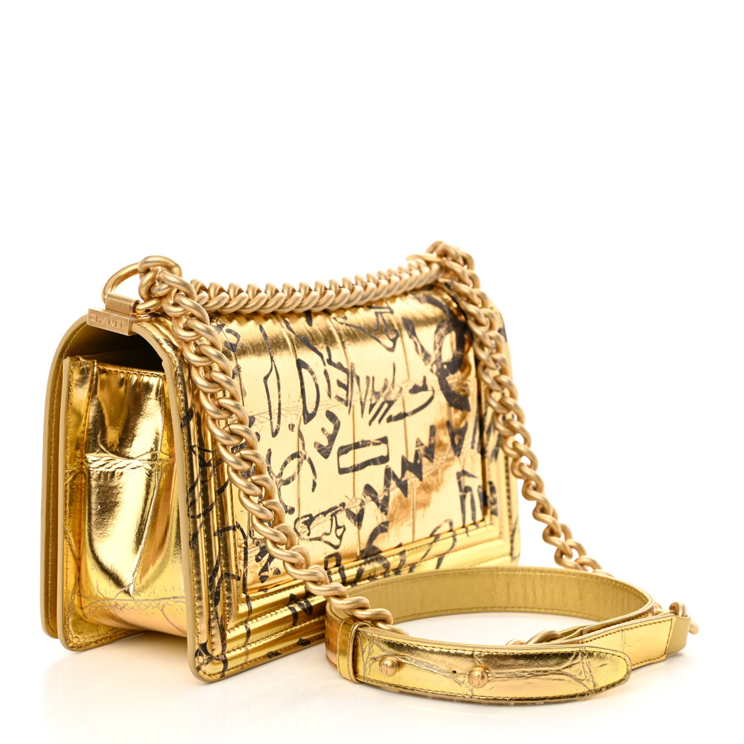 Metallic Calfskin Crocodile Embossed Graffiti Medium Cocodile Boy Flap Gold - Top Club
