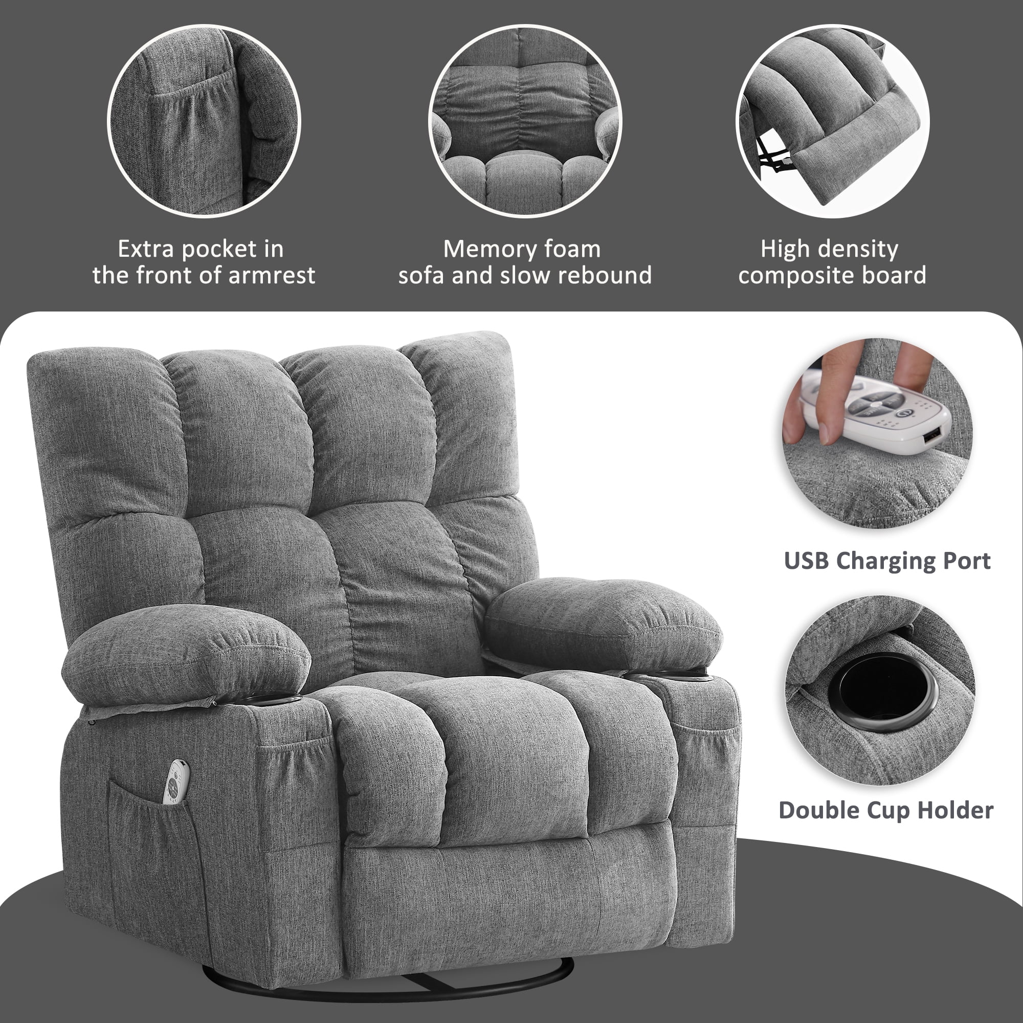 JONPONY Manual Recliner Chair with Heat Therapy and Massage Function, Heavy Duty Reclining Mechanism Massage Chair, Elderly Single Rocker Sofa with Cup Holders for Bedroom Home Theater, Grey