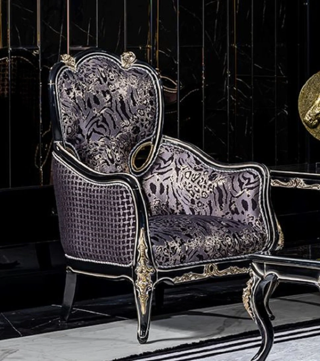 Luxury baroque living room set purple / black / gold - 2 sofas & 2 armchairs & 1 coffee table - magnificent living room furniture in baroque style