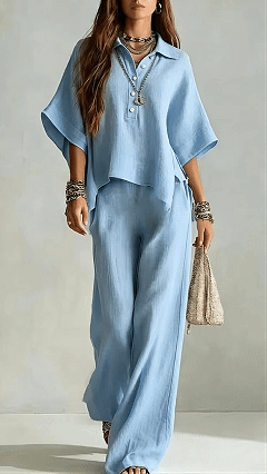 Women's Cotton-Blend Henley Neck Wide-Leg Pants Set - Nordfashionstorm - Women's Clothing, Fashion for You - Nordfashionstorm.com