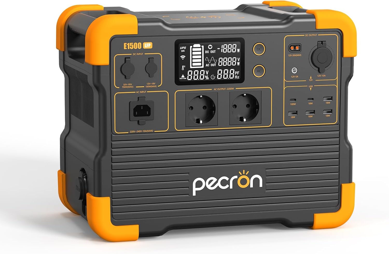 PECRON Centrale Elettrica Portatile E1500LFP,1536Wh LiFePO4 Batteria Espandibile a 7680Wh,2X2200W(4400W Picco) AC Uscita generatore solare per esterni, camper, campeggio