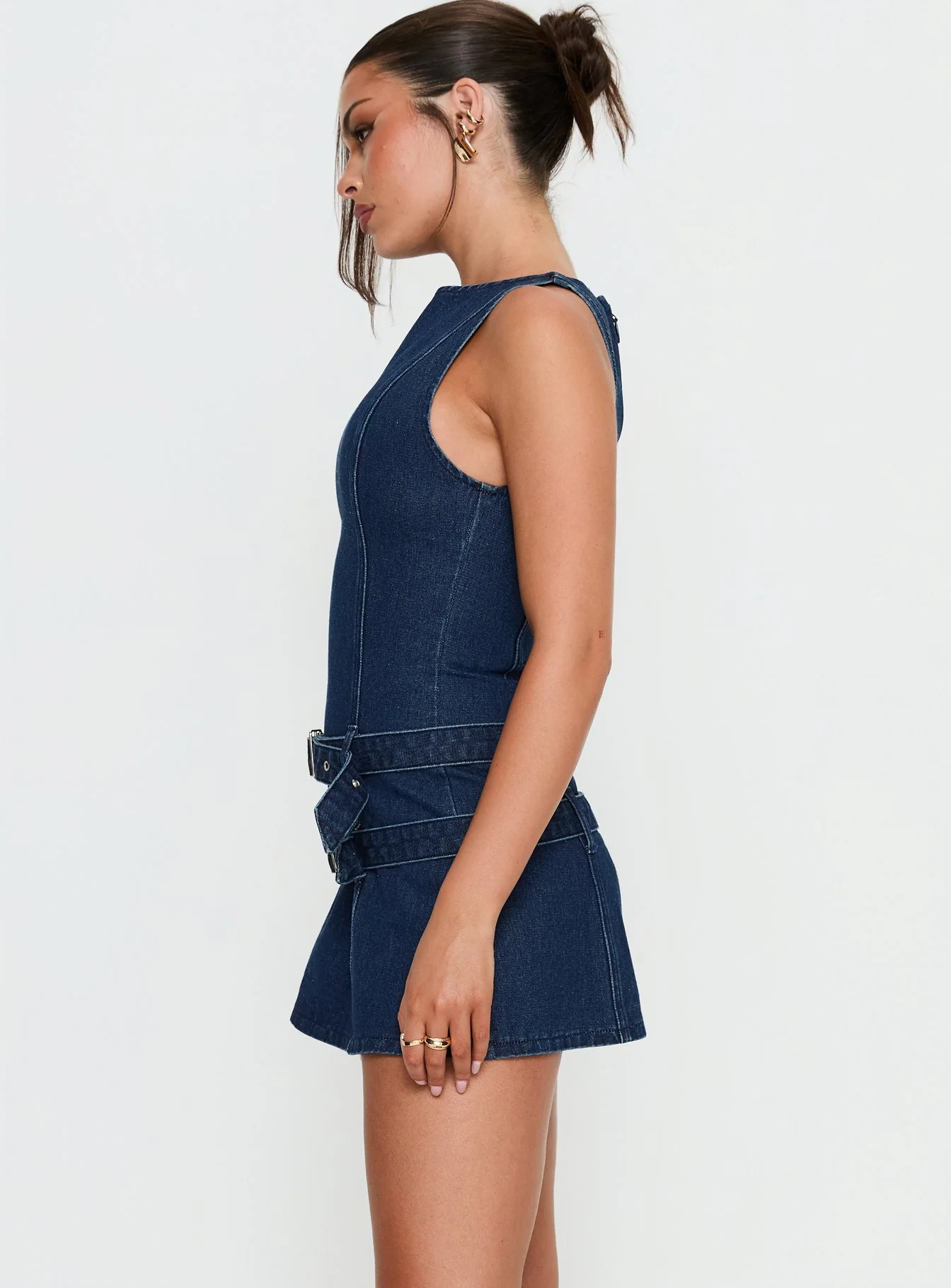 Kainer Denim Buckle Mini Dress Dark Blue Wash
