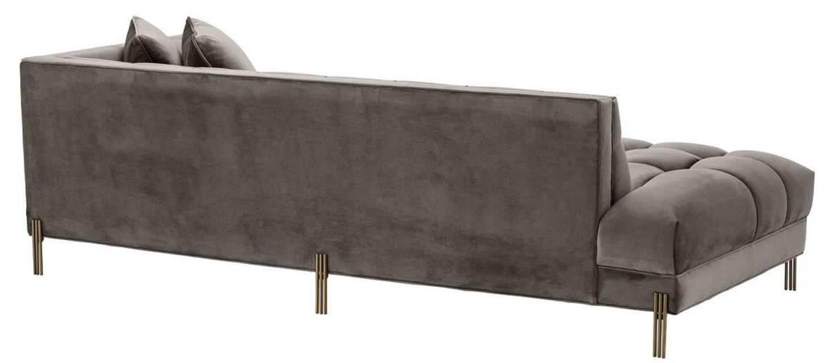 Luxury lounge sofa gray - greige / brass colored 223 x 95 x H. 68 cm - right-side living room sofa with elegant velvet fabric and 2 cushions