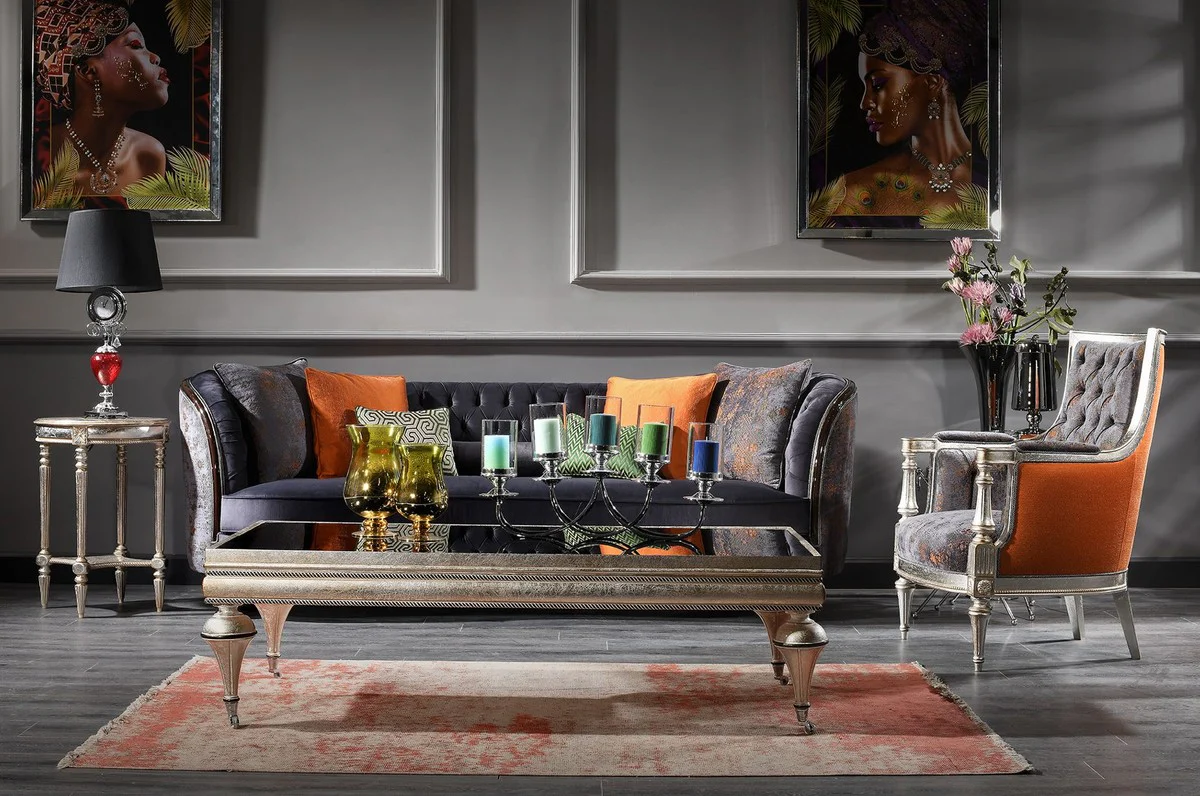Luxury Baroque Living Room Set Purple / Green / Silver - 2 Sofas & 2 Armchairs & 1 Coffee Table - Handmade Living Room Furniture in Baroque Style - Noble & Magnificent