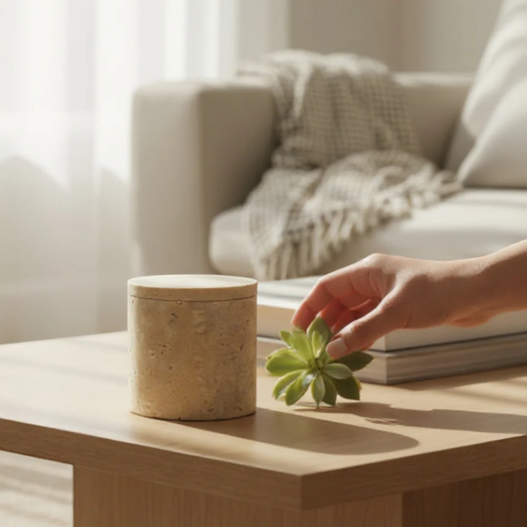 Rosalin Travertine Vessel with Lid, 3.9