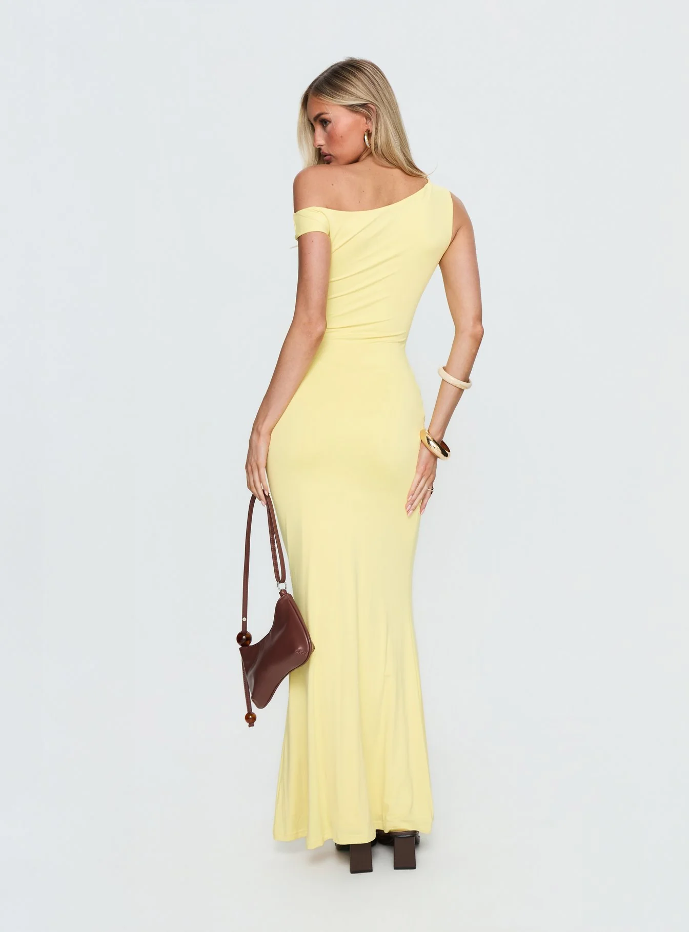 Get Lucky Drape One Shoulder Maxi Dress Lemon Yellow