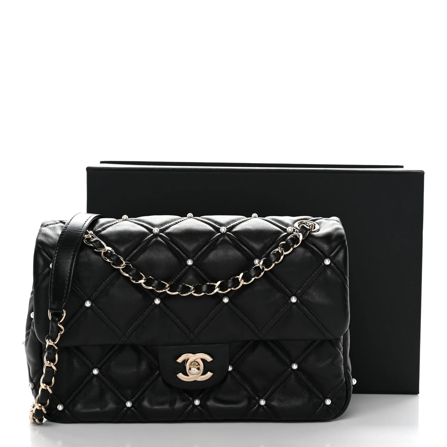 Lambskin Quilted Pearl Studded Flap Black - Top Club