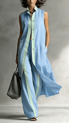 Women's Color-Blocked Sleeveless Long Shirt & Wide-Leg Pants Set - Nordfashionstorm - Women's Clothing, Fashion for You - Nordfashionstorm.com