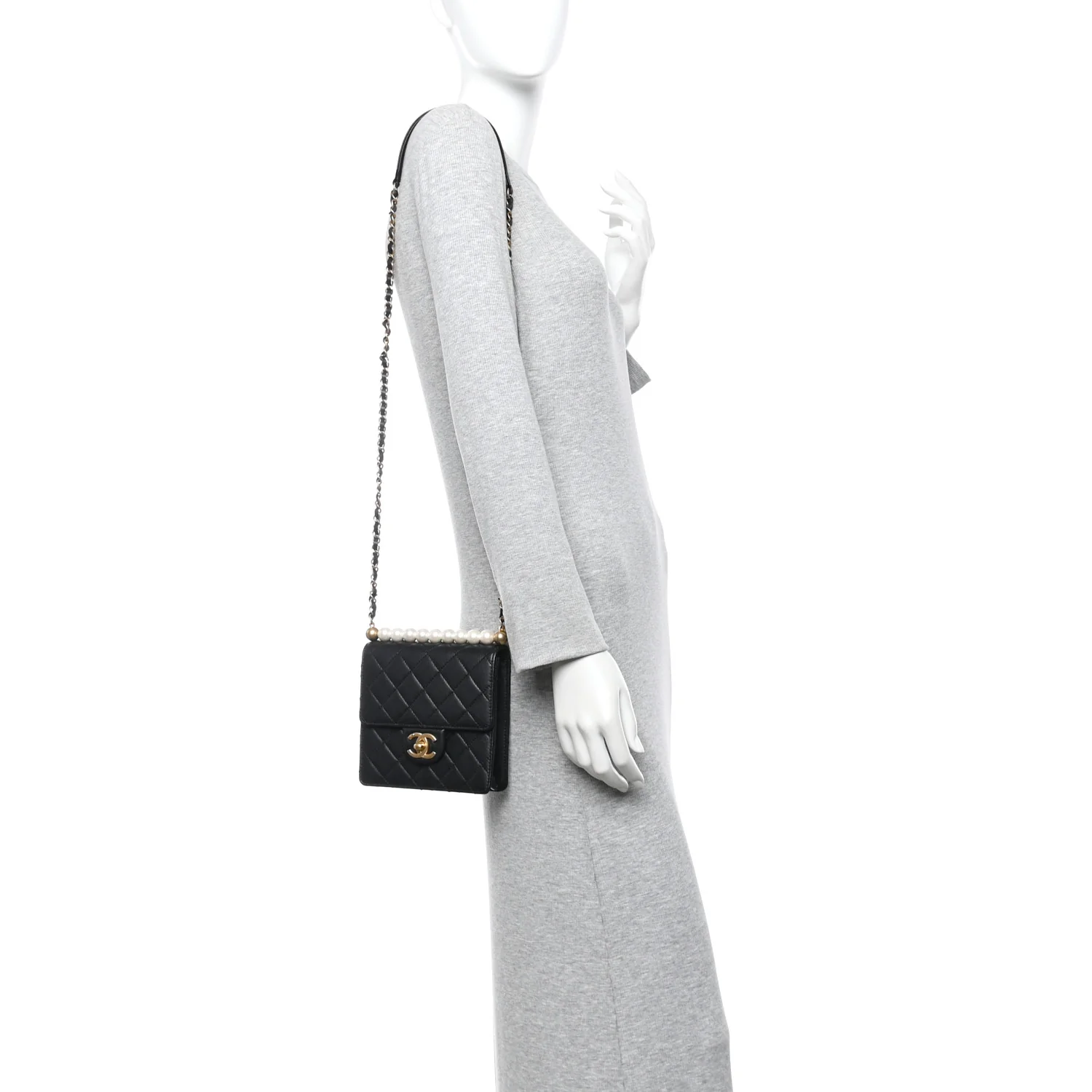 Goatskin Quilted Chic Pearls Flap Black