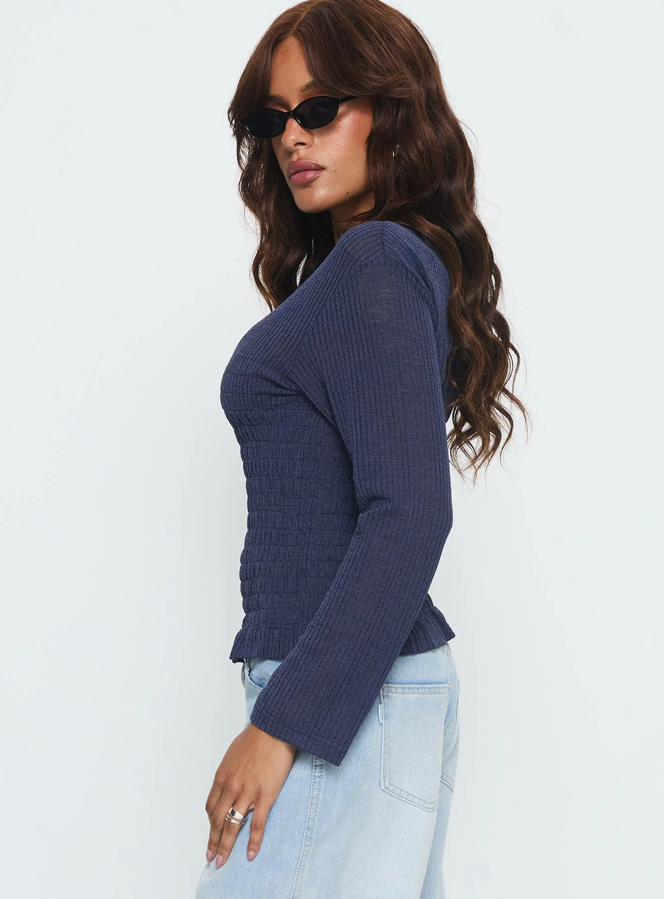 Bradly Shirred Long Sleeve Top Navy