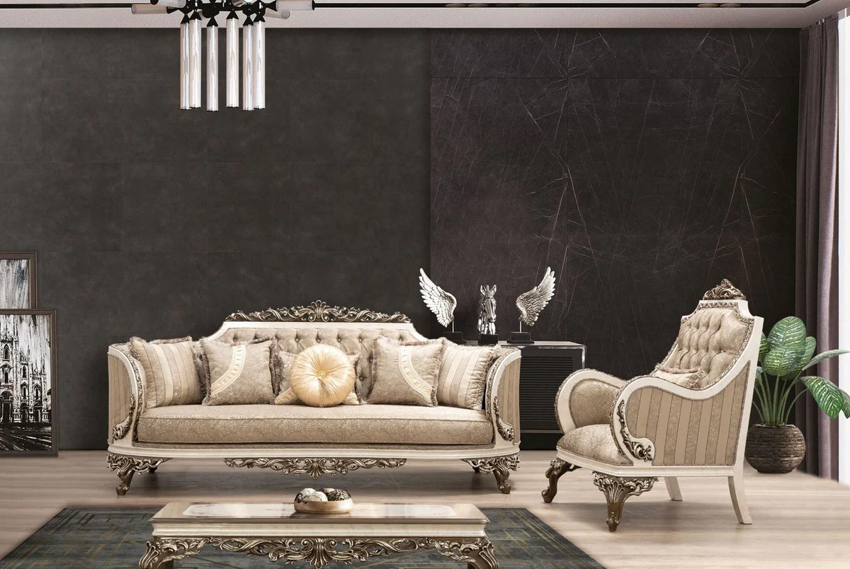 Luxury Baroque Living Room Set Beige / Cream / Brown / Gold - 2 Sofas & 2 Armchairs & 1 Coffee Table - Handmade Living Room Furniture in Baroque Style - Noble & Magnificent