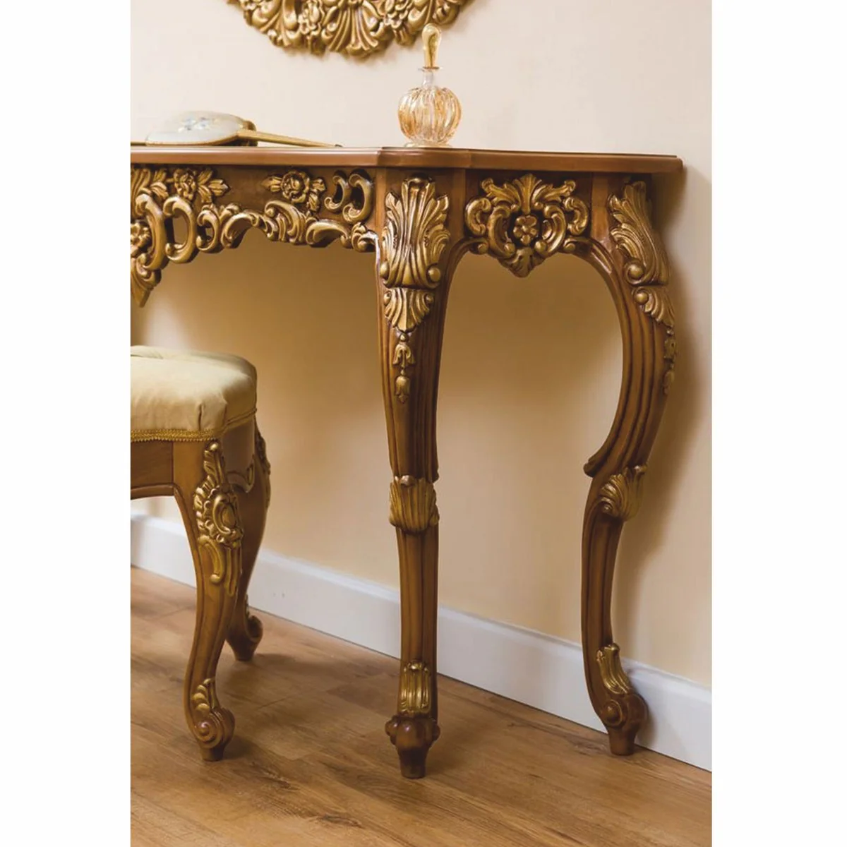 Luxury Baroque console with wall mirror and stool brown / gold - Baroque furniture