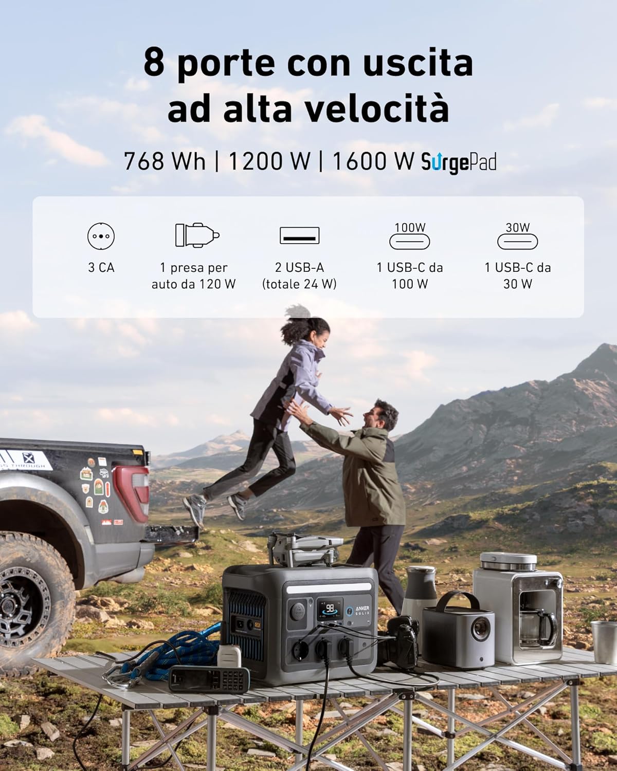 Anker SOLIX C800 Portable Power Station, gen. solare 1200 W (picco 1600 W), carica 58 min, LiFePO4 768 Wh campeggio(pann. solare opzionale)