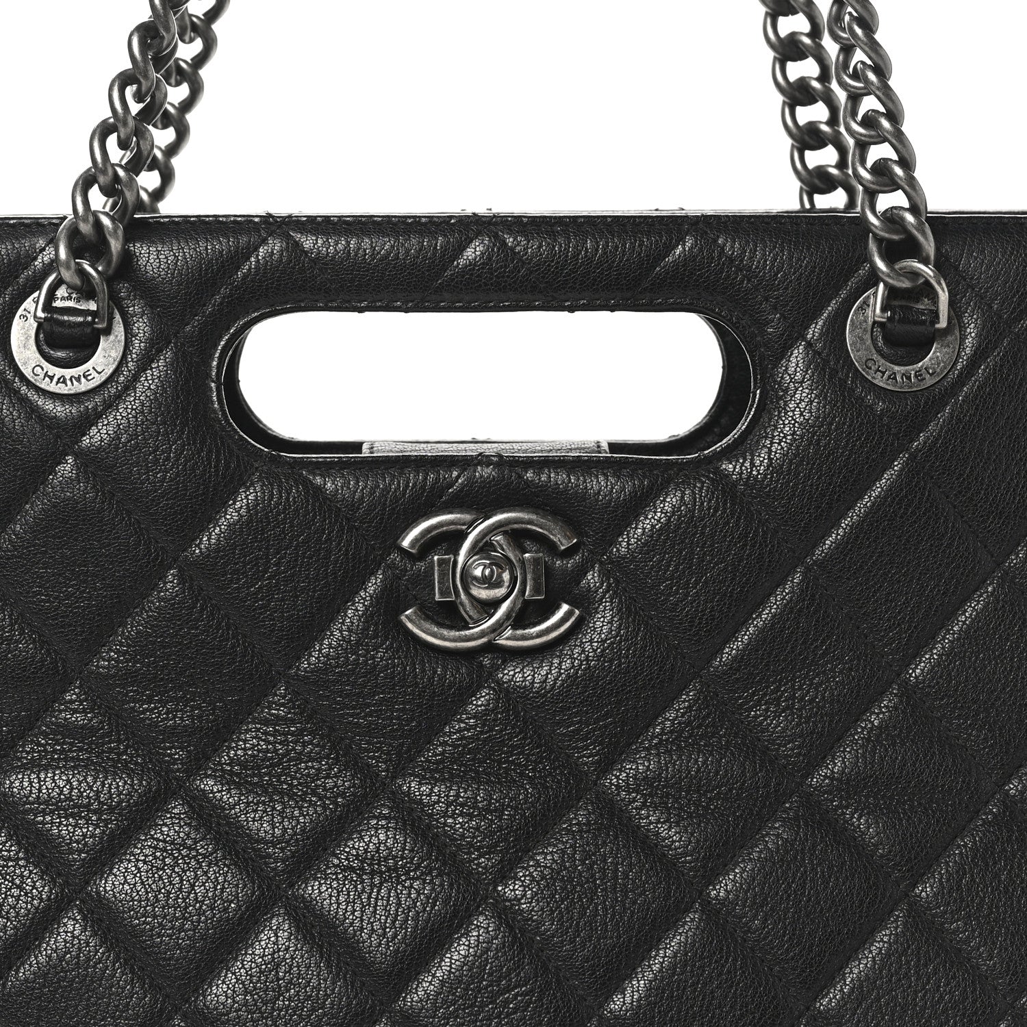 Goatskin Quilted Small Perfect Edge Shopping Tote Black - Top Club