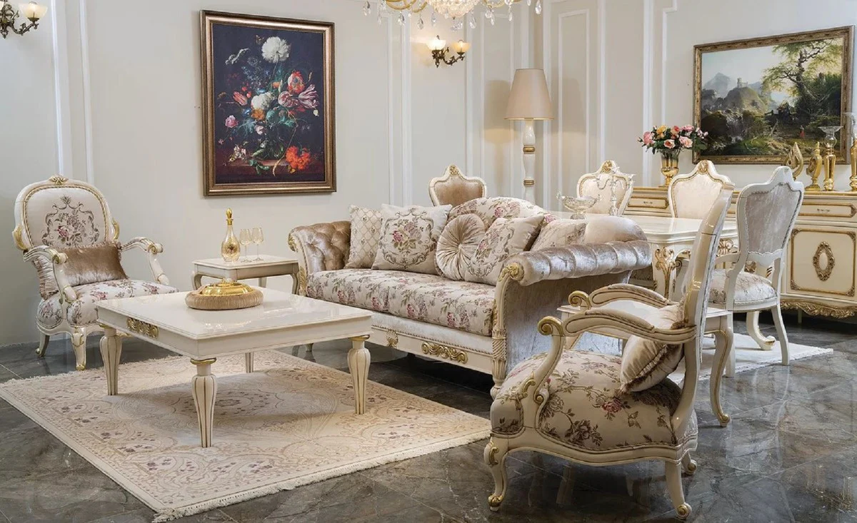 Luxury Baroque Living Room Set Cream / Pink / White / Gold - 2 Sofas & 2 Armchairs & 1 Coffee Table - Handmade Living Room Furniture in Baroque Style - Noble & Magnificent