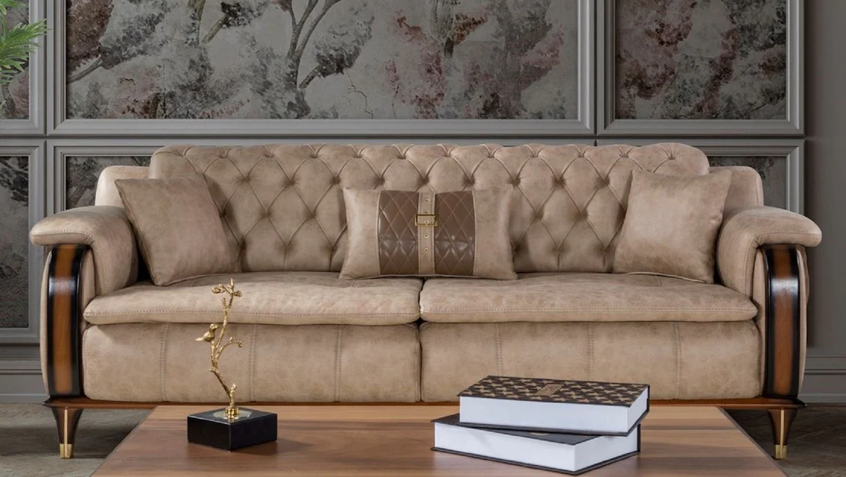 Luxury Chesterfield sofa bed beige / brown / black / gold 222 x 98 x H. 80 cm - Modern living room sofa - Luxury living room furniture