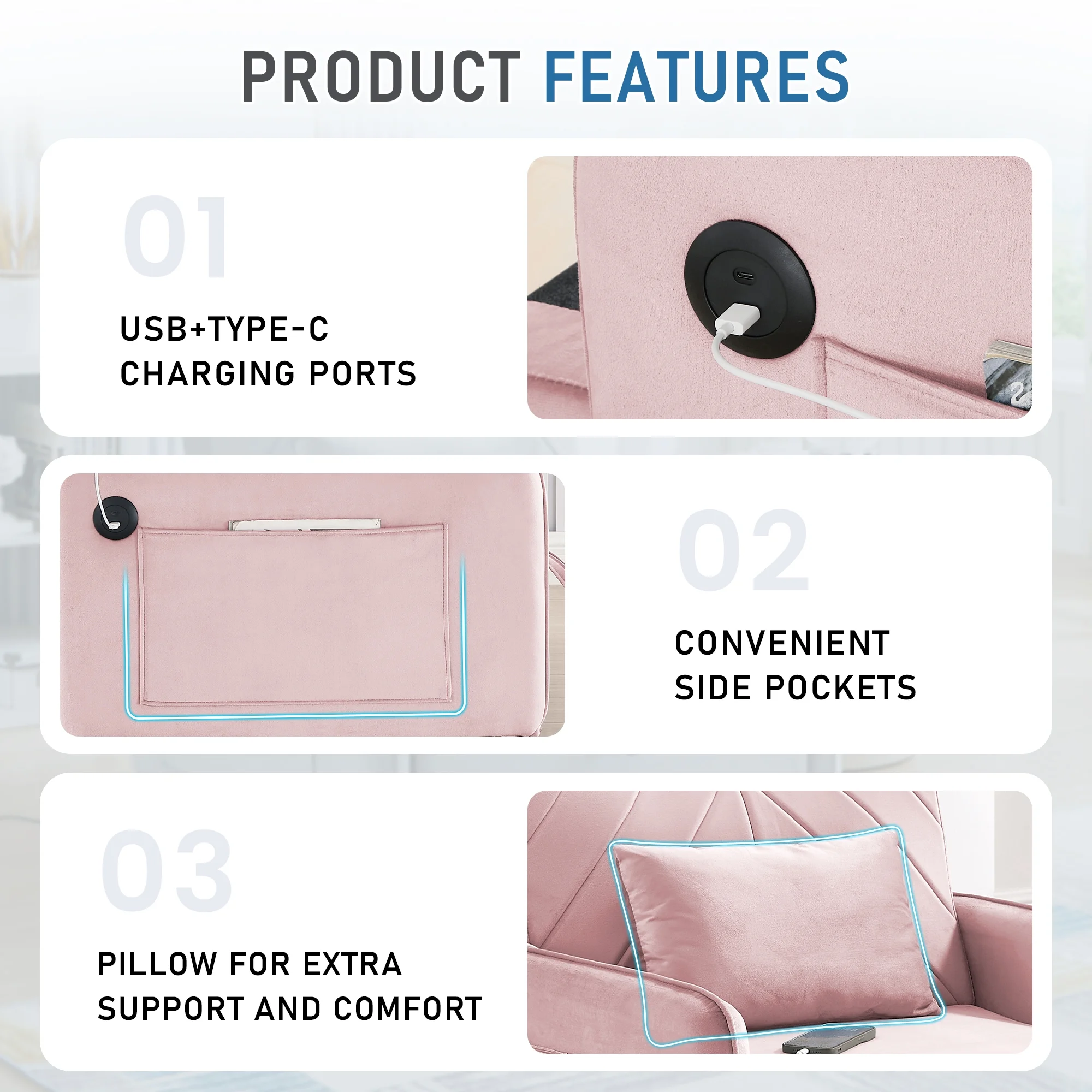 Lunale 3 - in - 1 Convertible Sleeper Chair Bed, Indoor Lounge Chair with USB/Type - C Charging Ports, Modern Recliner Sofa for Living Room, Gray Velvet