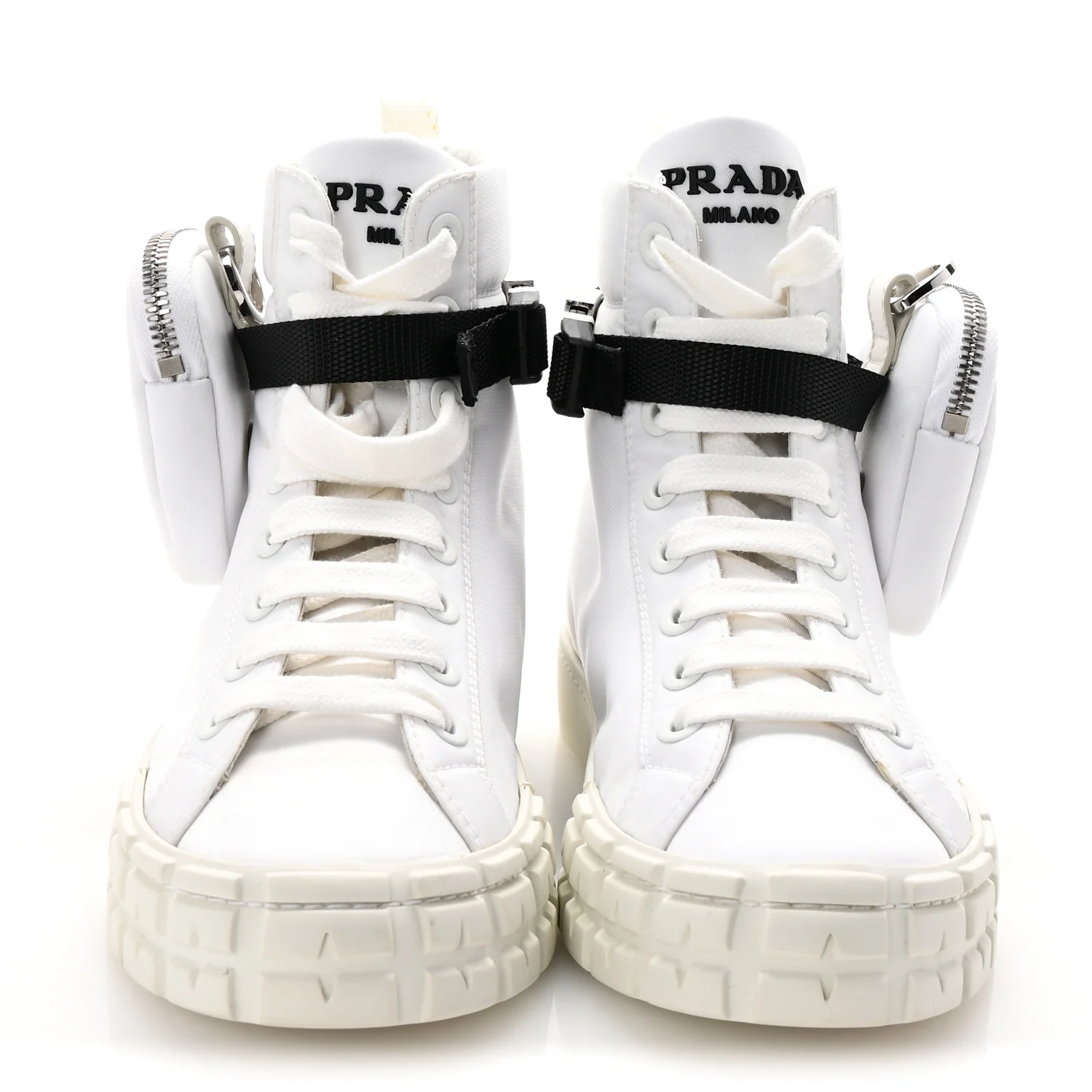 Re-Nylon Gabardine Metal Triangle Logo Wheel Pouch Pocket High Top Sneakers 36 White - Top Club