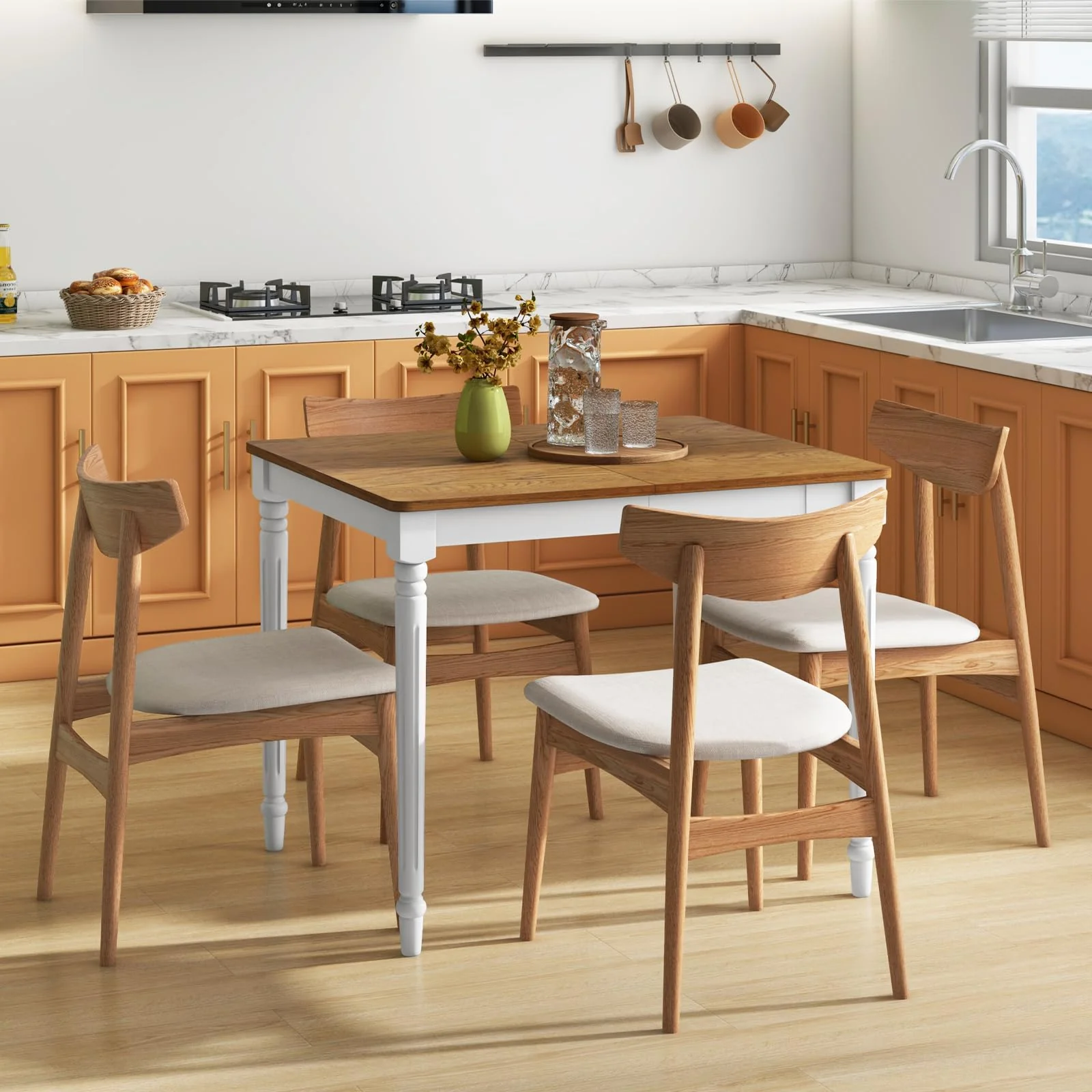 BEFOUNDLOVELY Rectangular Extendable Dining Table for 4-8 People with Rubber Wood Legs