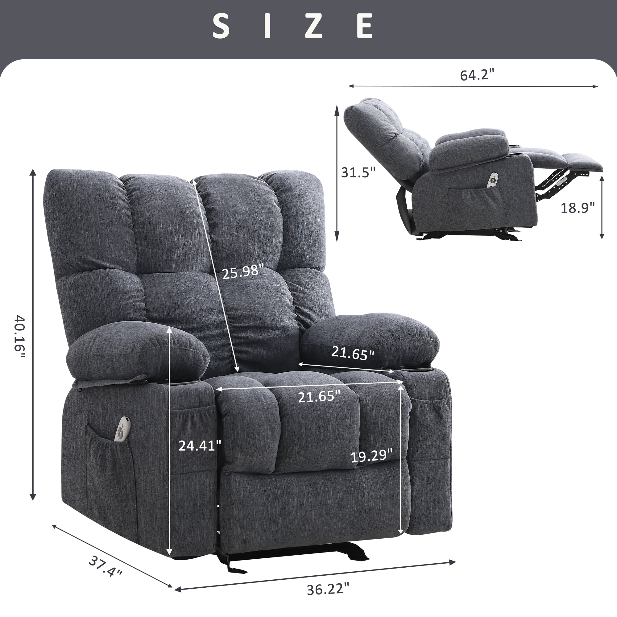 JONPONY Manual Recliner Chair with Heat Therapy and Massage Function, Heavy Duty Reclining Mechanism Massage Chair, Elderly Single Rocker Sofa with Cup Holders for Bedroom Home Theater, Grey