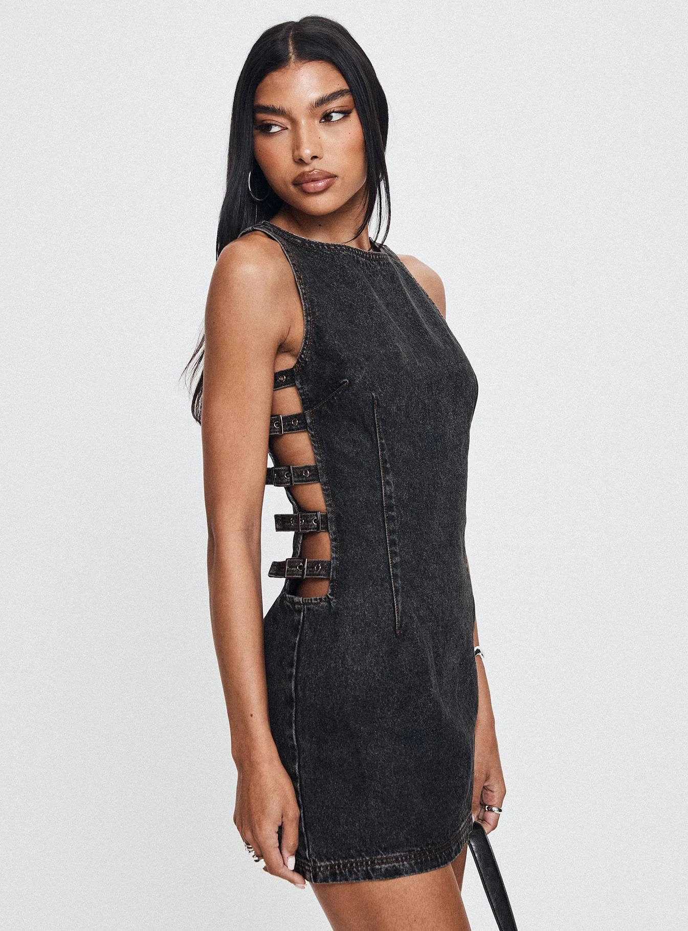 Chatter Buckle Side Denim Mini Dress Charcoal