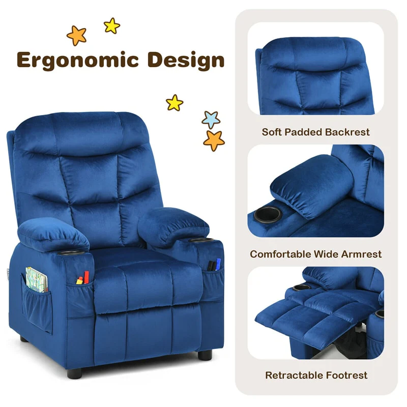 Kids Recliner Chair Adjustable Velvet Lounge Sofa with Cup Holders, 3 Pockets, Retractable Footrest, Toddler Furniture Sofa for Boys Girls Room