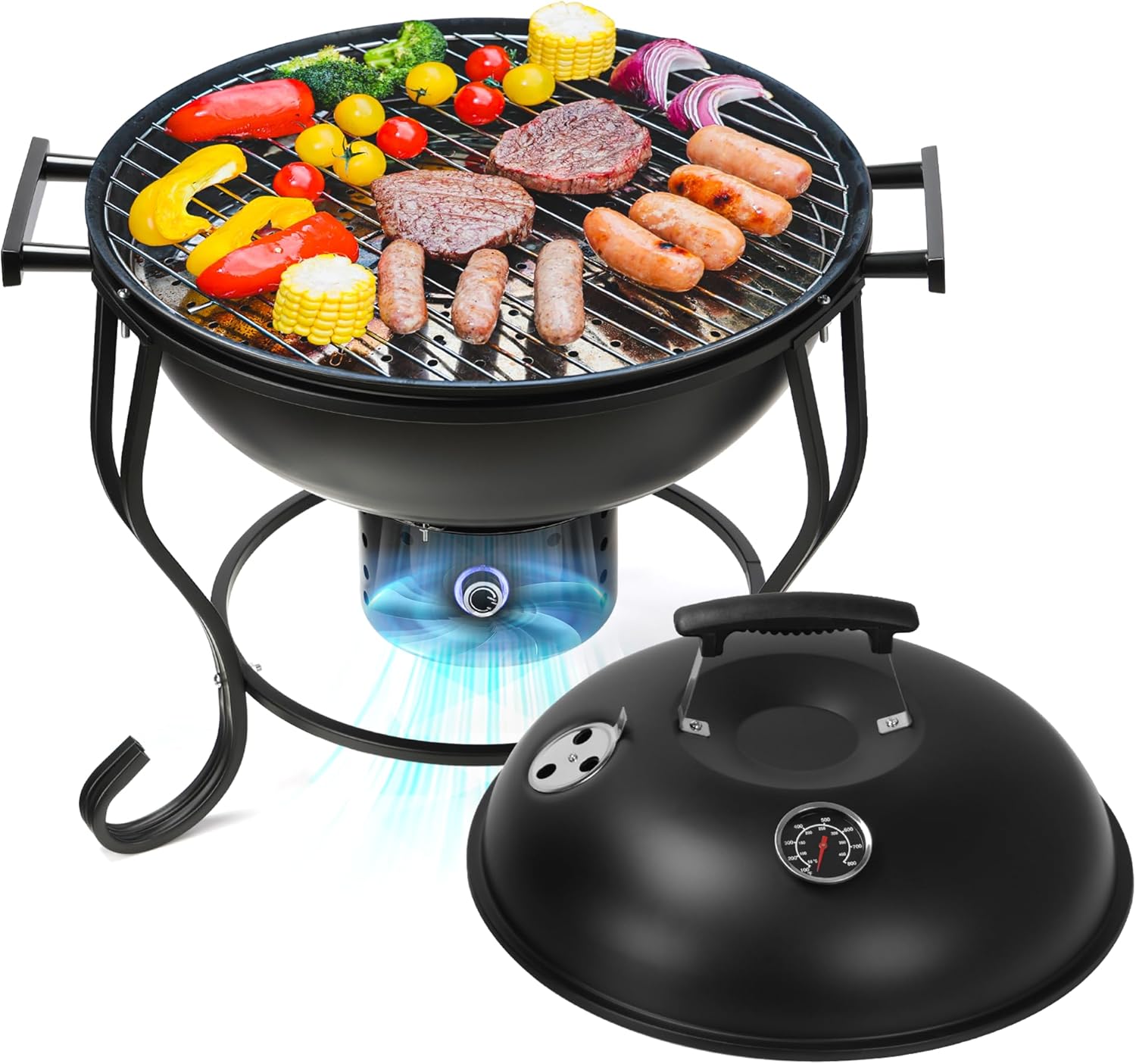 TOKTOO Barbecue Portatile a Carbonella con Ventilatore Regolabile, Coperchio, Griglia e Termometro �?Ideale per Campeggio, Terrazza e Giardino