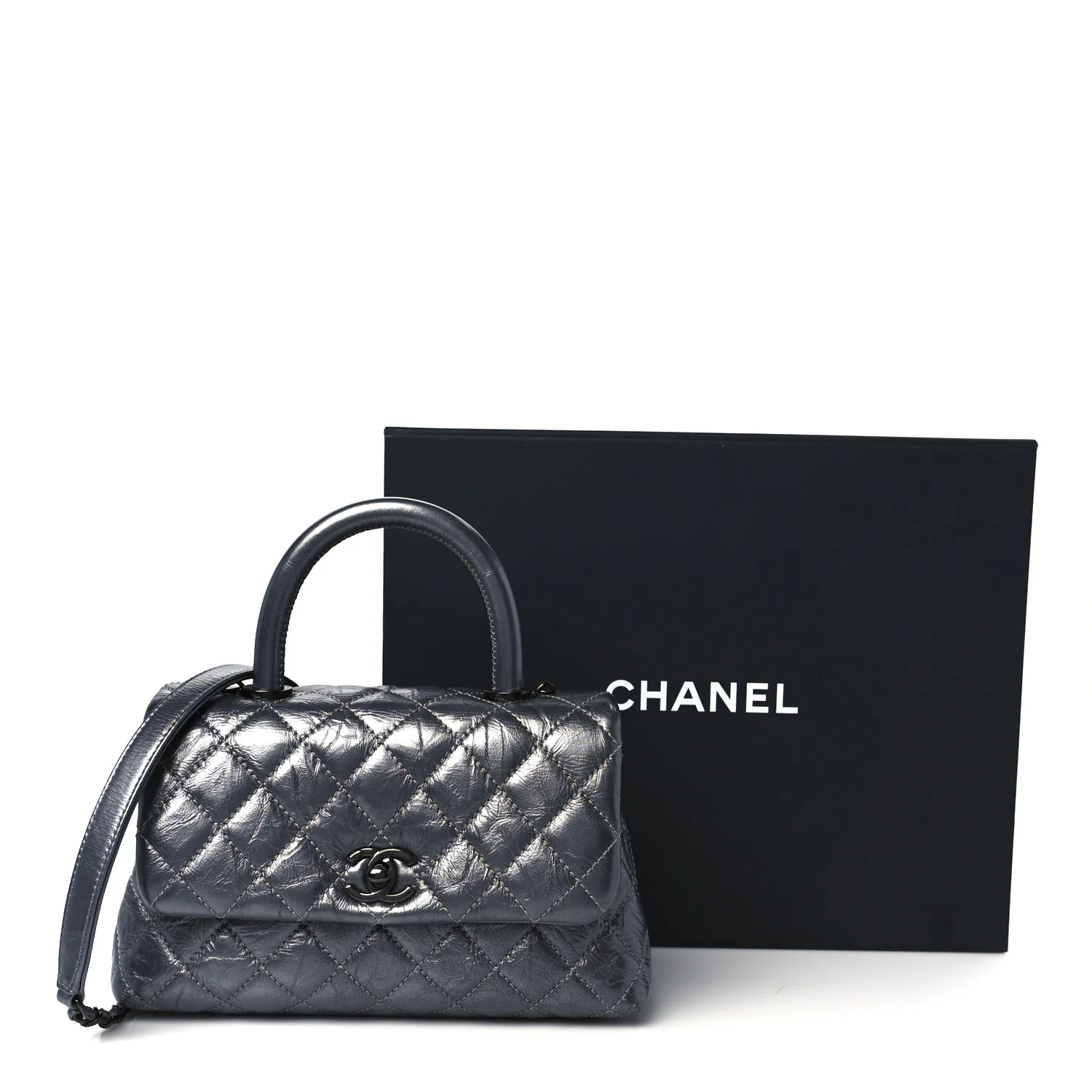 Metallic Aged Calfskin Quilted Mini Coco Handle Flap Charcoal - Top Club