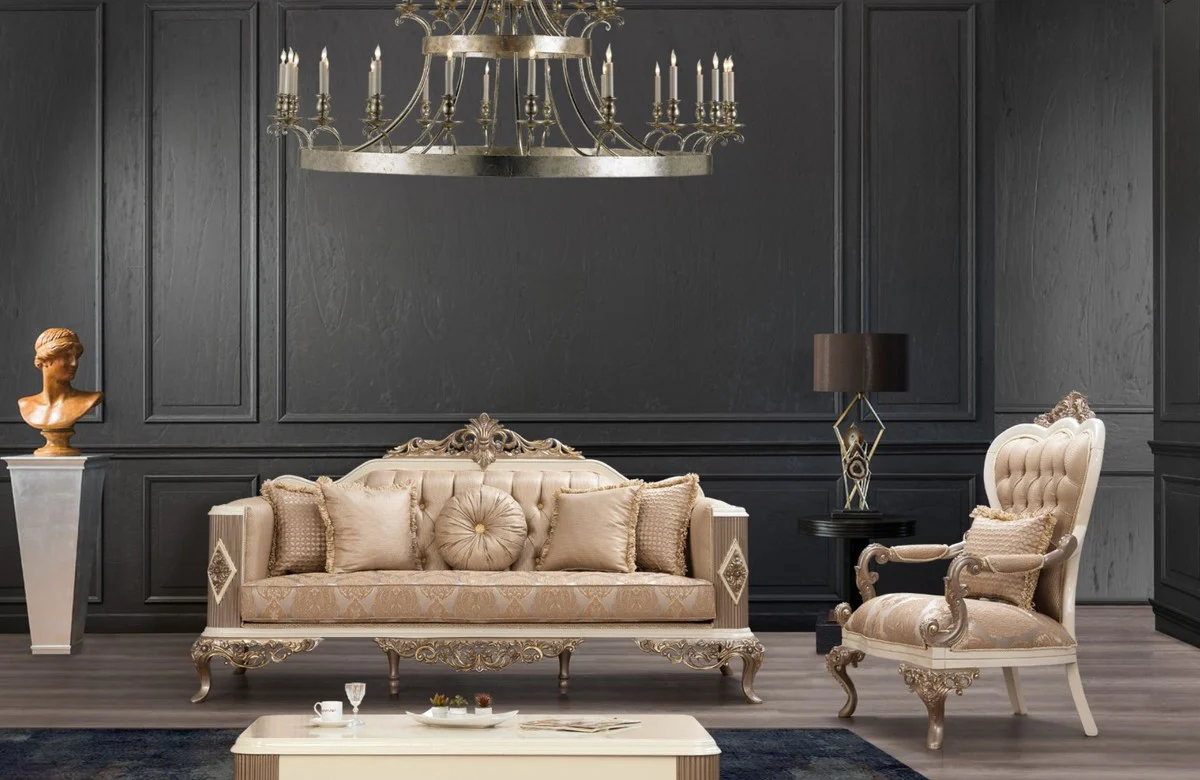 Luxury Baroque Living Room Set Brown / White / Gold - 2 Sofas & 2 Armchairs & 1 Coffee Table - Magnificent Baroque Living Room Furniture