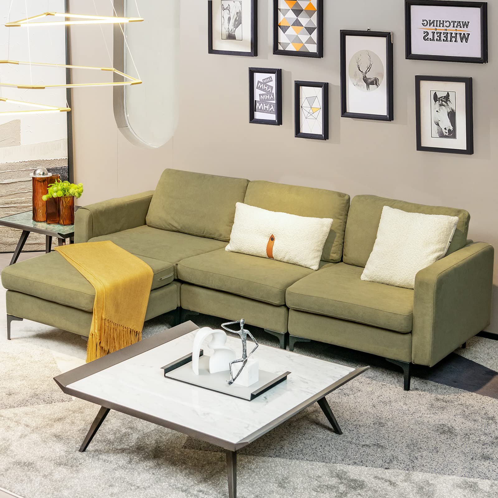 BEFOUNDLOVELY Convertible Sectional Sofa Couch, 3-Seat L Shaped Couch with Reversible Ottoman, Built-in Socket & USB Ports