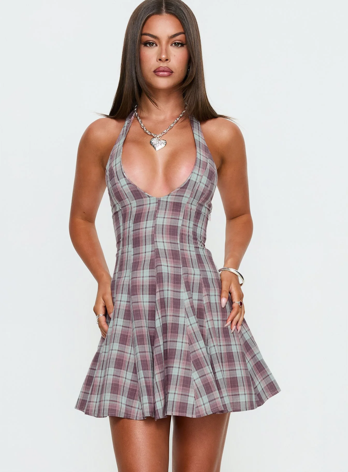 Out Of Nowhere Halter Mini Dress Burgundy / Pink Check