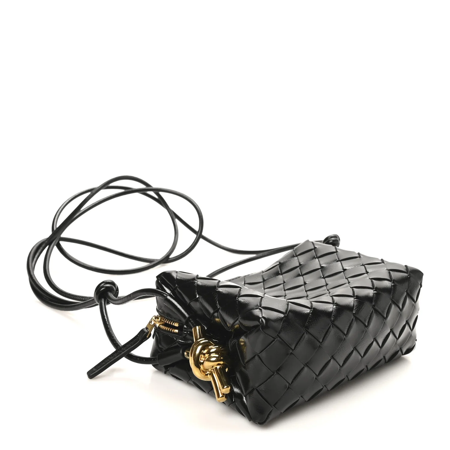 Polished Nappa Intrecciato Metallic Knot Mini Loop Camera Bag Black - Top Club