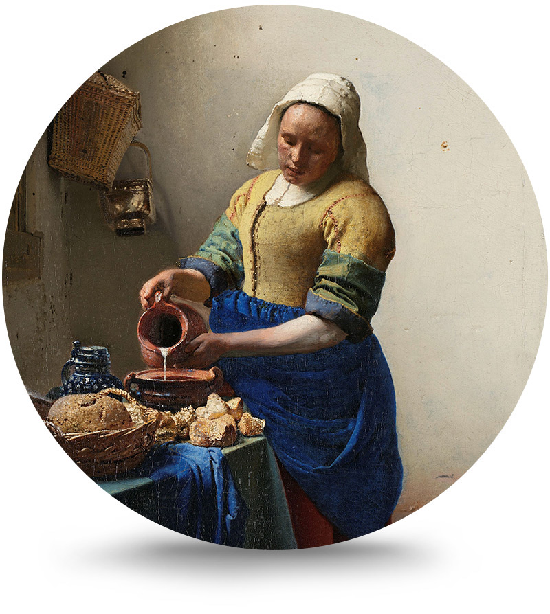 Rond schilderij aluminium Melkmeisje van Vermeer 140 cm