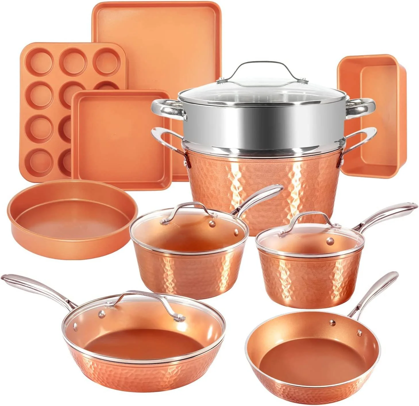 Hammered Steel Non-Stick Pots and Pans Set, 15 Piece Elegant Kitchen Cookware and Bakeware Set, Extremely Durable Pots and Pans for Cooking with Non-Stick Ceramic Coating, Dishwasher Safe, SC