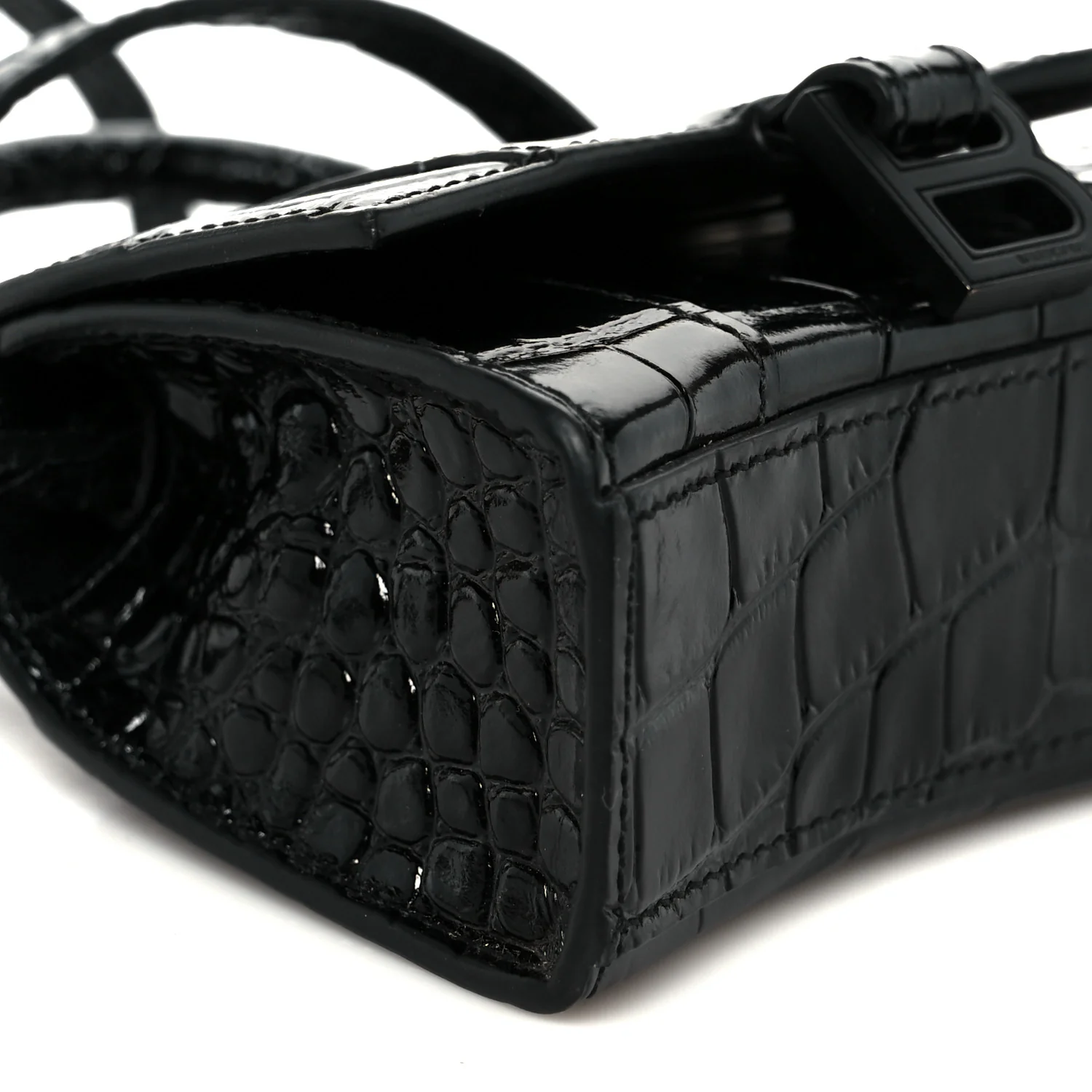 Shiny Calfskin Monochrome Crocodile Embossed Hourglass Top Handle Bag Mini Black - Top Club