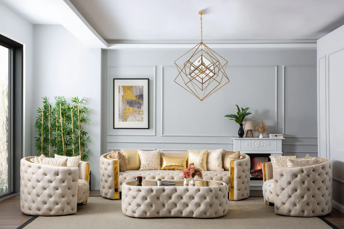 Luxury Chesterfield armchair cream / gold 120 x 100 x H. 75 cm - Chesterfield living room armchair - living room furniture - Chesterfield furniture - luxury furniture - luxury furnishings - furniture luxury