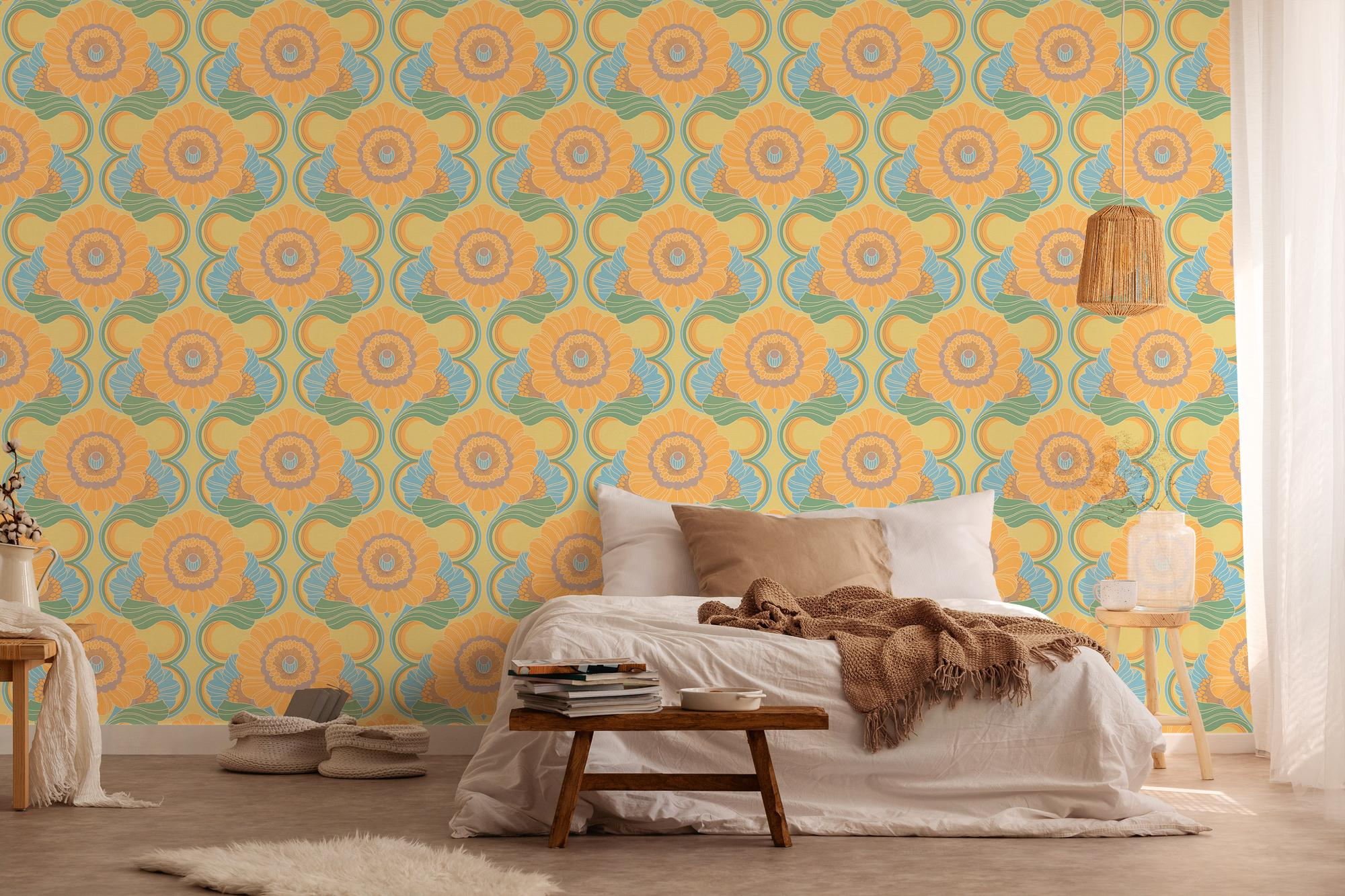 Retro behang met bloemmotief licht gestructureerd Licht gestructureerd retrobehang met bloemmotief – blauw, geel, groen #1