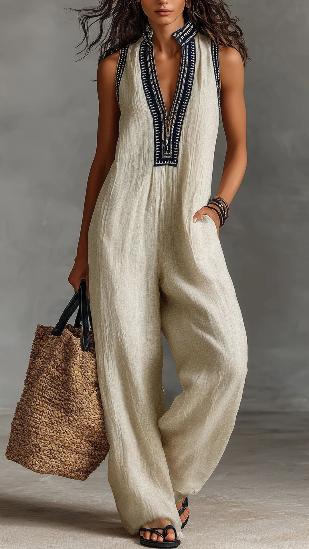 Embroidered Stand Collar Sleeveless Cotton Linen Wide-Leg Jumpsuit - Nordfashionstorm - Women's Clothing, Fashion for You - Nordfashionstorm.com