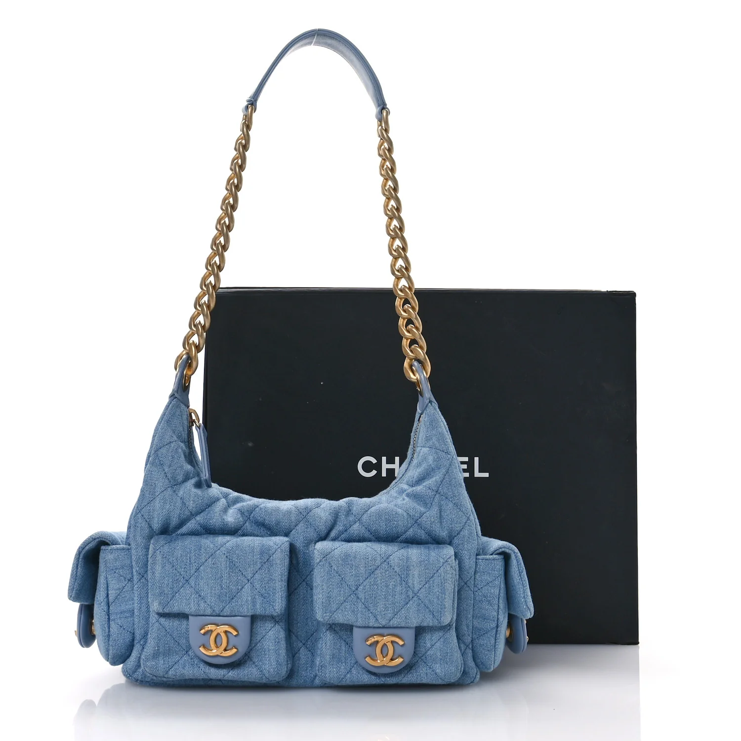 Washed Denim Quilted Cargo Large Hobo Light Blue - Top Club