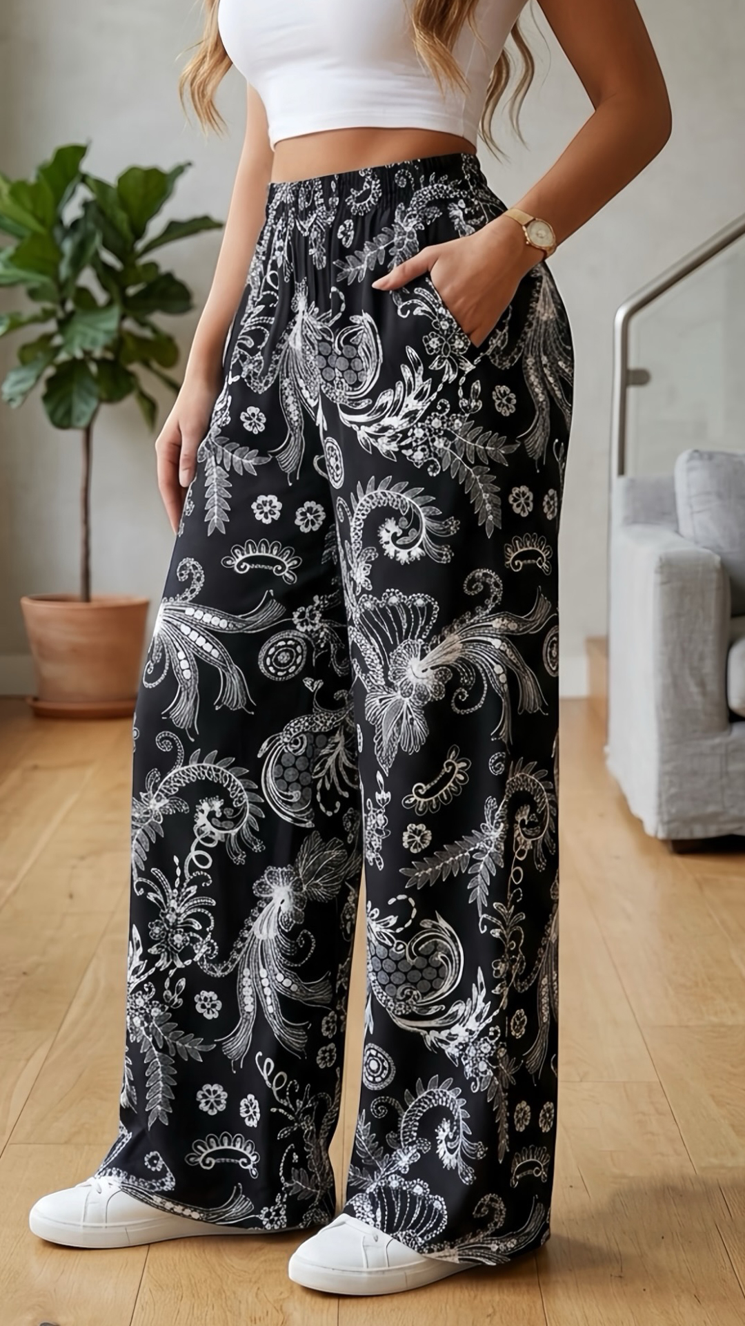 Women's  Elastic Waist Retro Print Loose Wide Leg Polyester Pants - Nordfashionstorm - Women's Clothing, Fashion for You - Nordfashionstorm.com