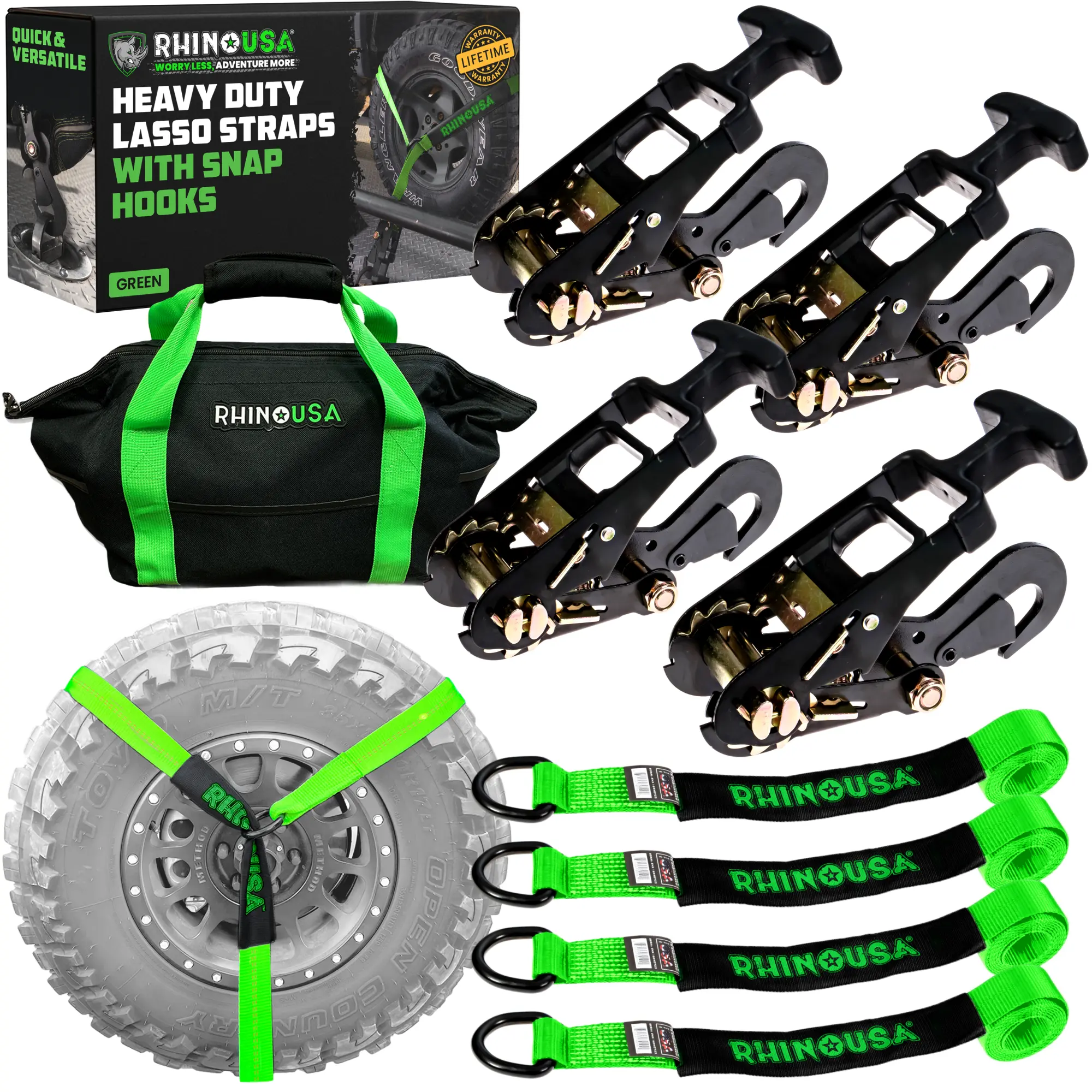 Rhino USA Car Tie Down Straps for Trailers with Snap Hooks (4-Pack) 10,000lb Break Strength Heavy Duty T-Handle Car Hauler Tire Straps