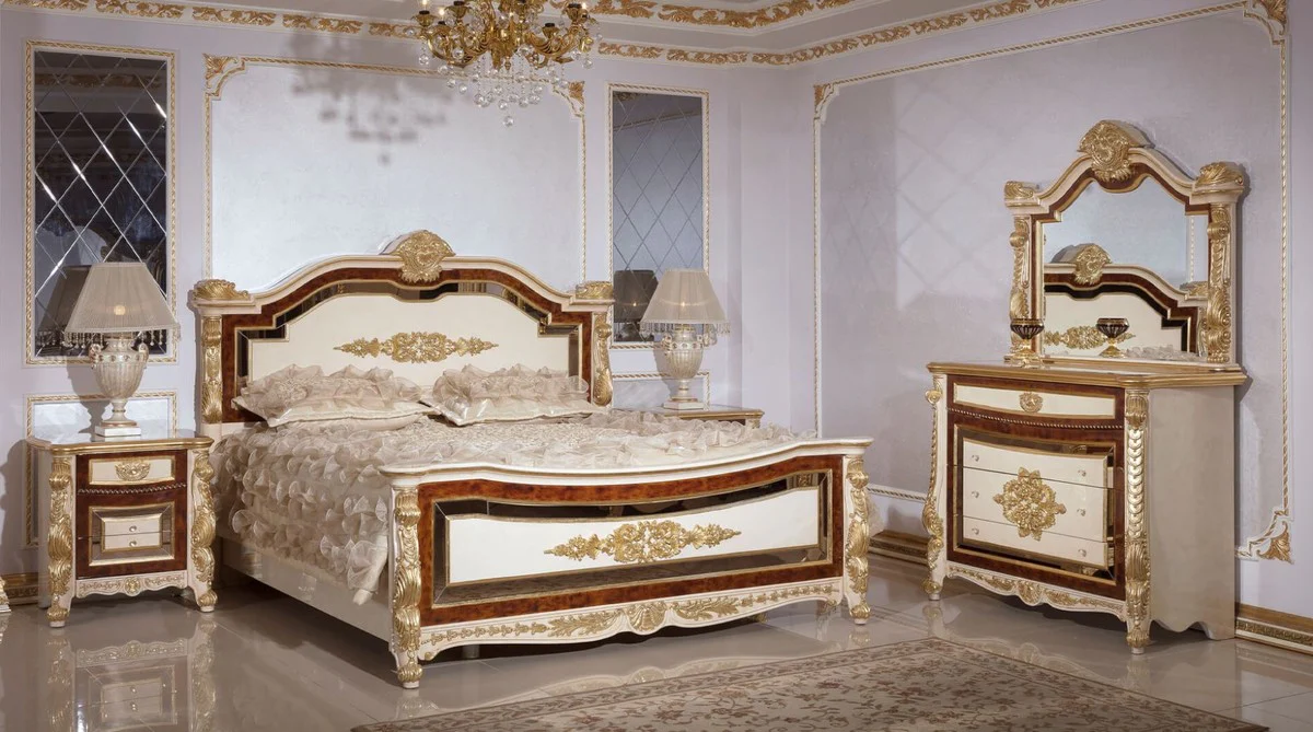 Luxury Baroque Bedroom Set White / Beige / Brown / Gold - 1 Baroque Double Bed with Headboard & 2 Baroque Nightstands - Luxury Bedroom Furniture in Baroque Style - Baroque Furniture