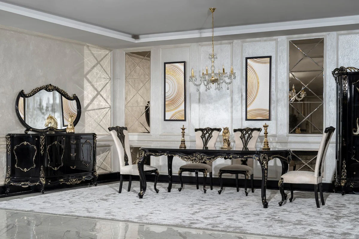 Luxury Baroque Dining Room Chair Set of 6 Cream / Black / Gold - Magnificent Baroque Style Kitchen Chairs - Luxury Dining Room Furniture in Baroque Style - Baroque Dining Room Furniture - Baroque Style Furniture