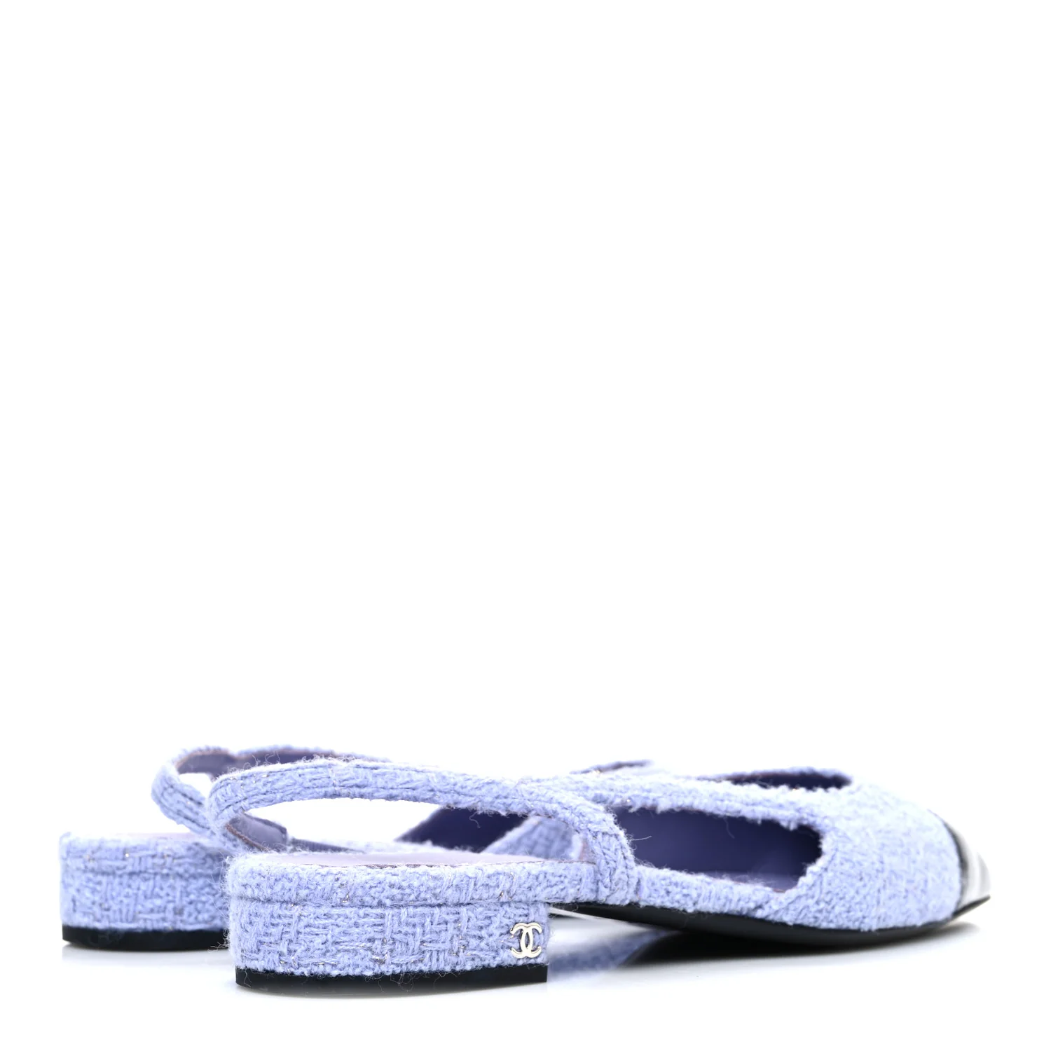 Iridescent Wool Tweed Patent Cap Toe CC Slingback Flats 40 Light Purple Silver Black - Top Club