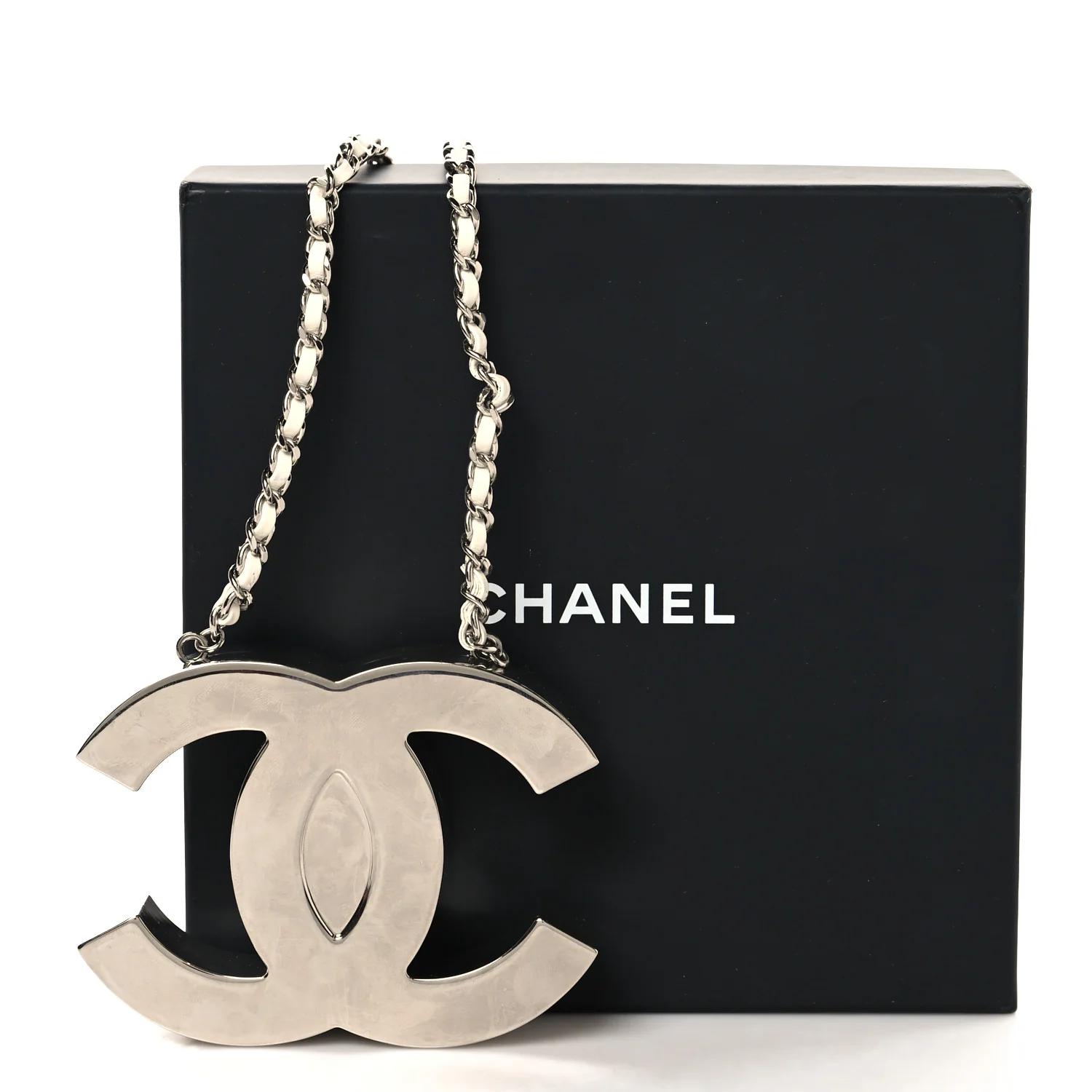 Metal Lambskin CC Mirror Crossbody Necklace Silver White - Top Club