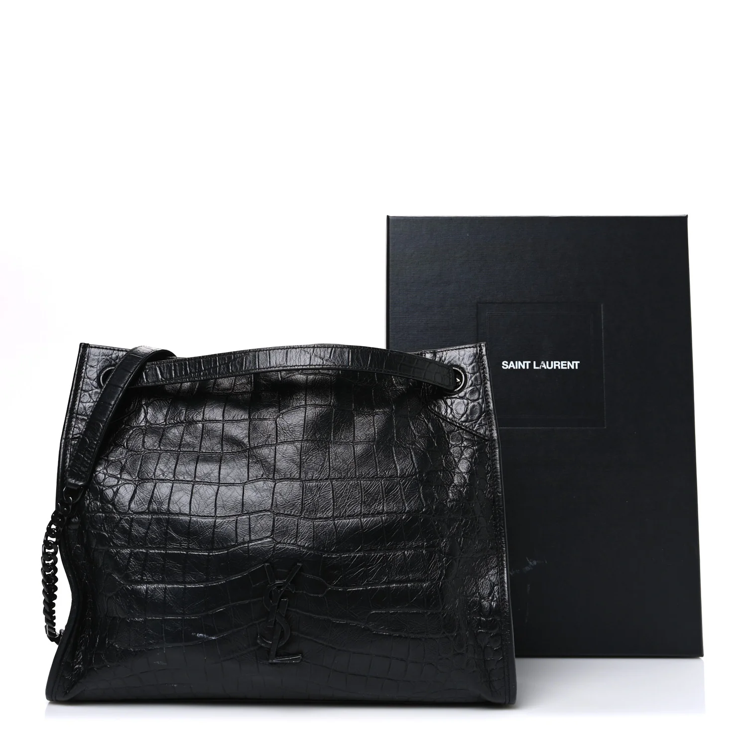 Calfskin Crocodile Embossed Monogram Medium Niki Shopping Bag Black - Top Club
