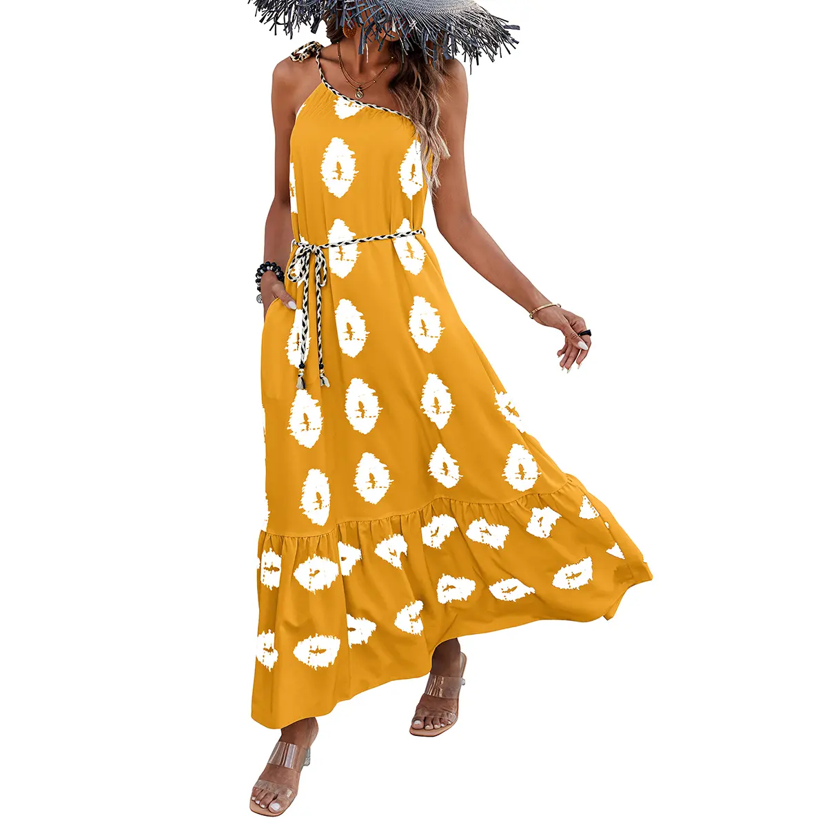 PrettyGarden Women's One Shoulder Spaghetti Strap Printed A Line Flowy Boho Maxi Long Sundress