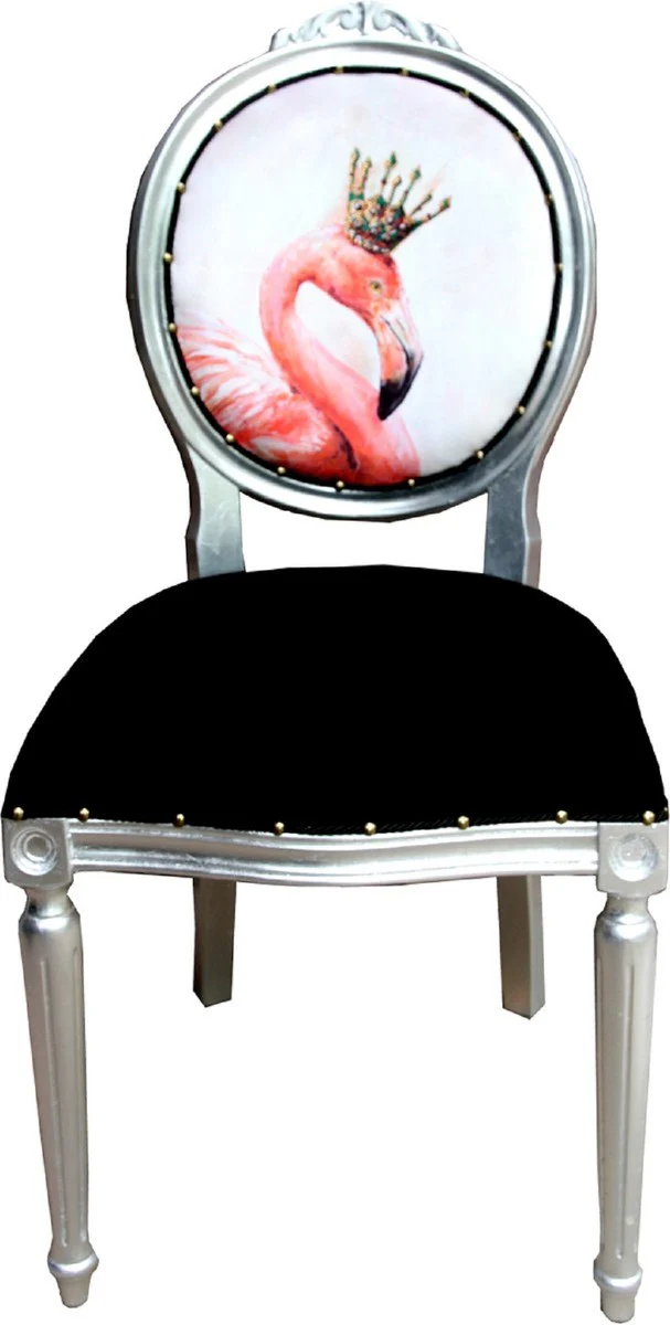 Luxury baroque dining room set flamingo with crown black / multicolored / silver 48 x 50 x H. 98 cm - 4 handmade dining chairs with bling bling glitter stones - baroque dining room furniture