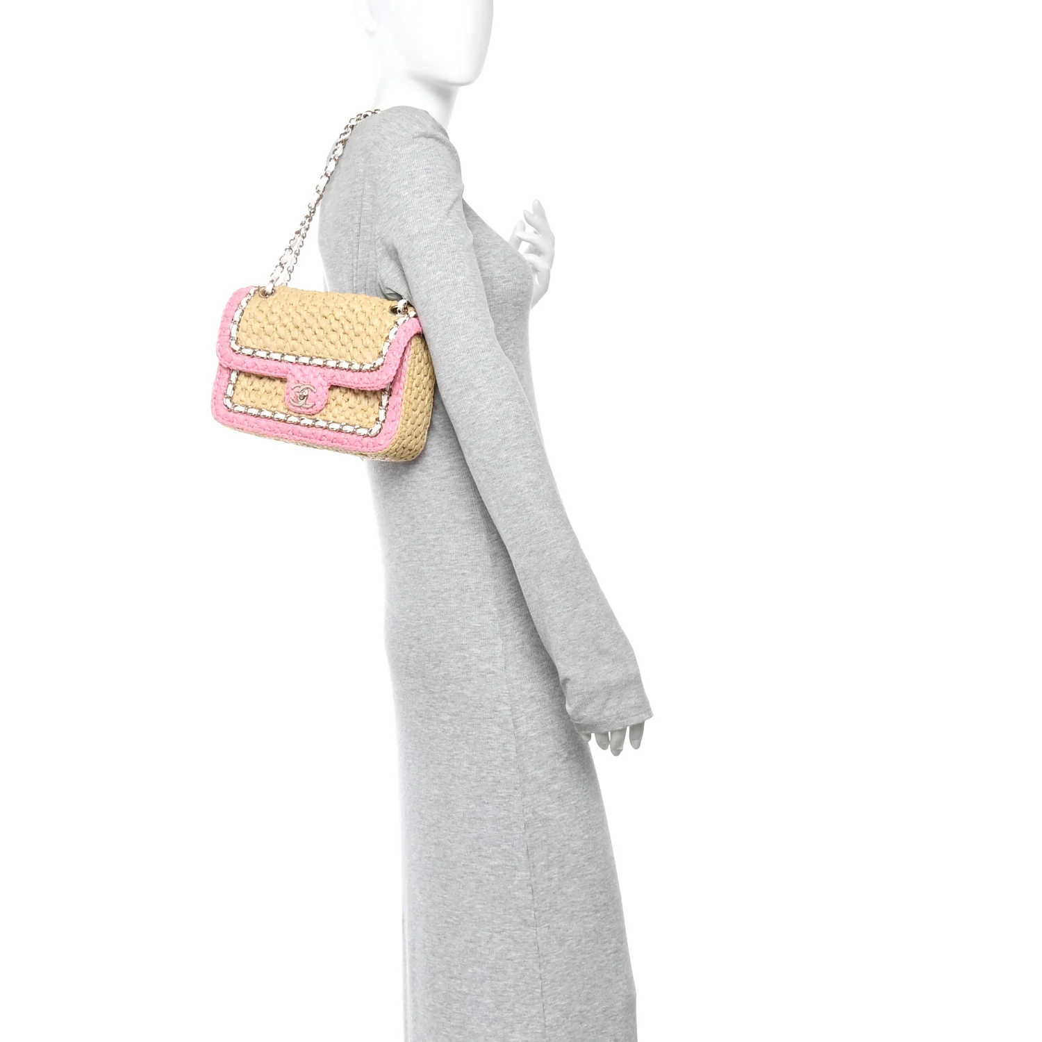 Raffia Chain Venice Beach Flap Bag Beige Pink