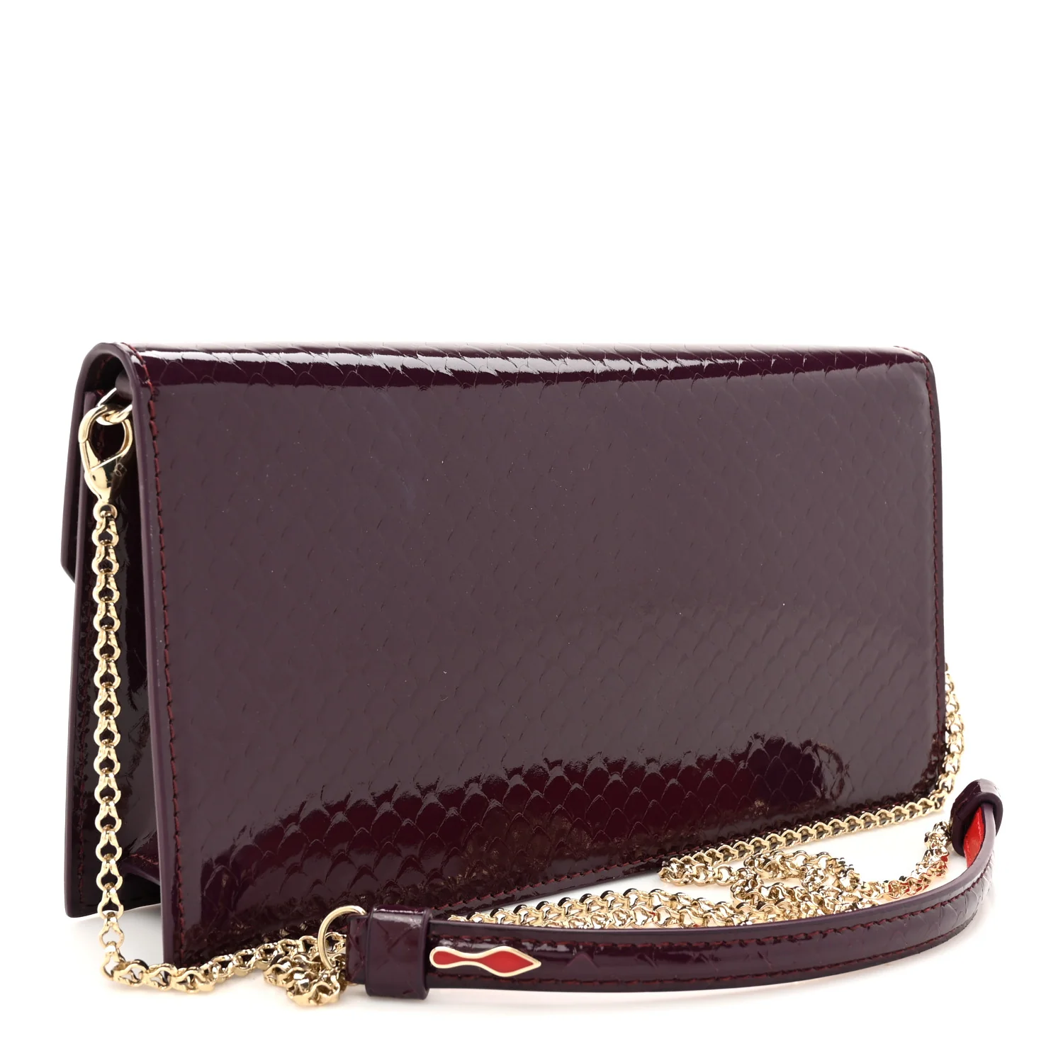 Patent Birdy Snakeskin Embossed Loubi54 Crossbody Clutch Merlot - Top Club